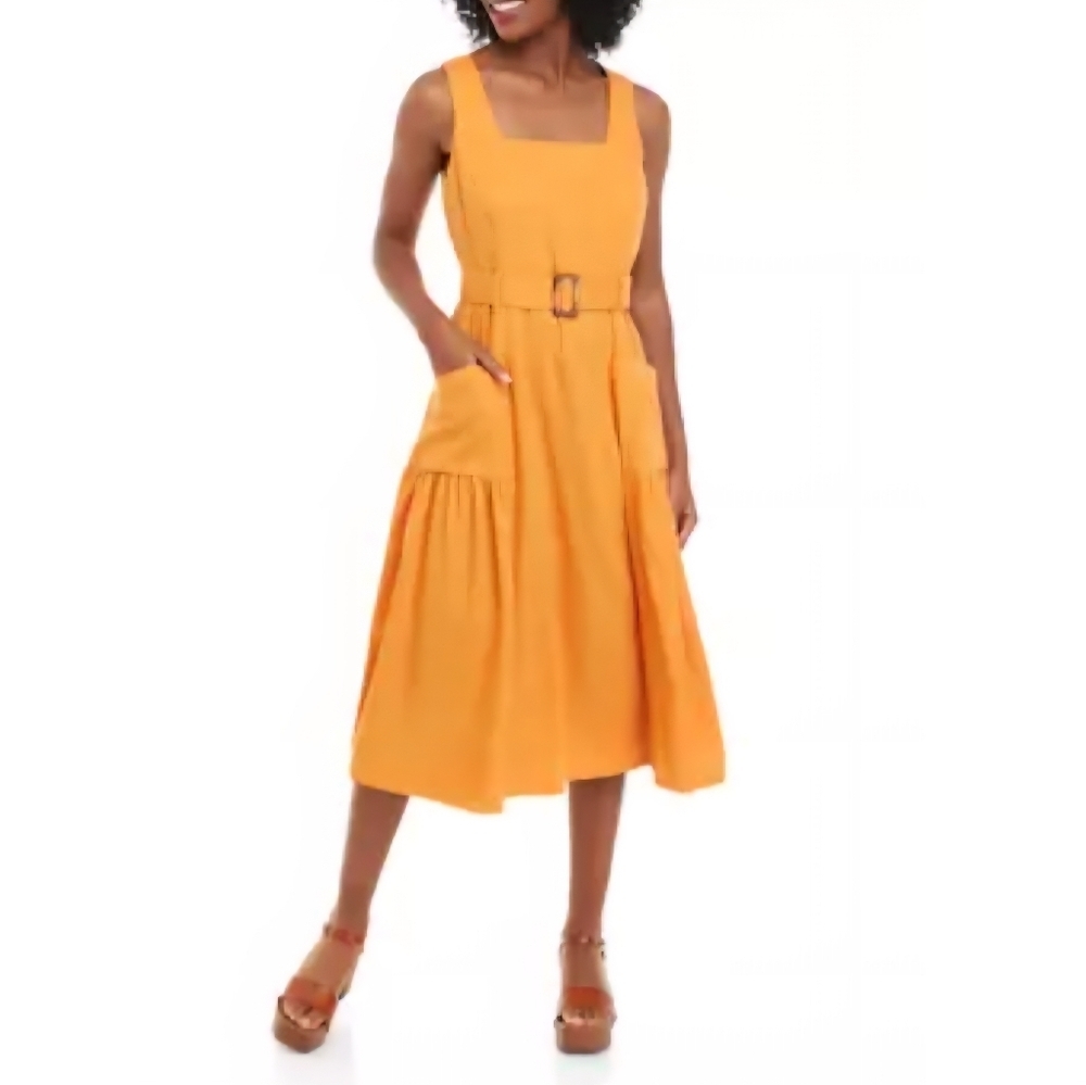 Maison Tara Orange Sleeveless Linen Square Neck Belted Dress size 12